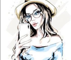 Woman playing mobile phone watercolor illustration vector
