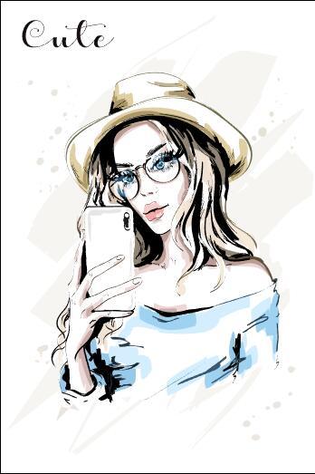Woman playing mobile phone watercolor illustration vector