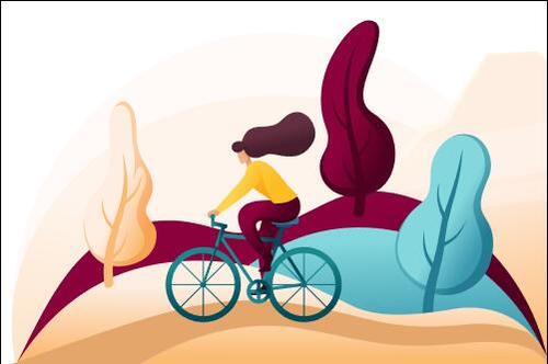 Woman riding bicycle cartoon illustration vector