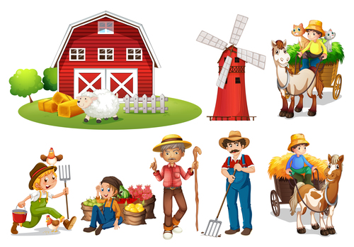 Agricultural products and farmer cartoon vector