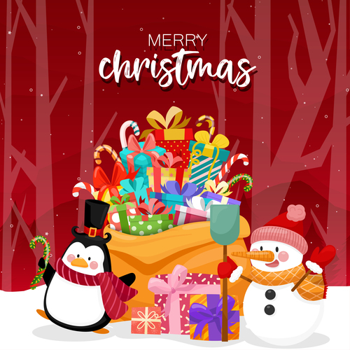 Animal and gift box background christmas card vector