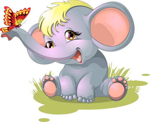 Baby elephant and butterfly playing vector
