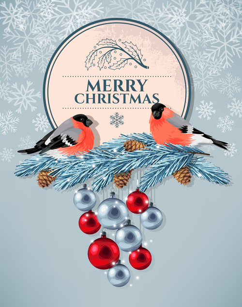 Bird on pine branch Christmas card vector