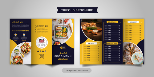 Black yellow trifold brochure food menu vector