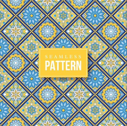 Blue yellow hand drawn mandala seamless pattern vector