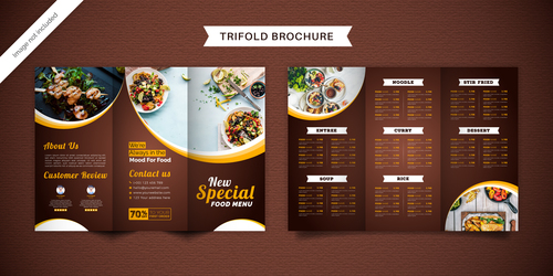 Brown trifold brochure food menu vector