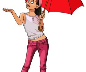 Cartoon girl in pink jeans under a red umbrella vector