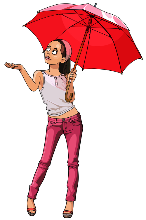 Cartoon girl in pink jeans under a red umbrella vector