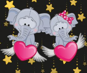Cartoon two elephants and hearts vector