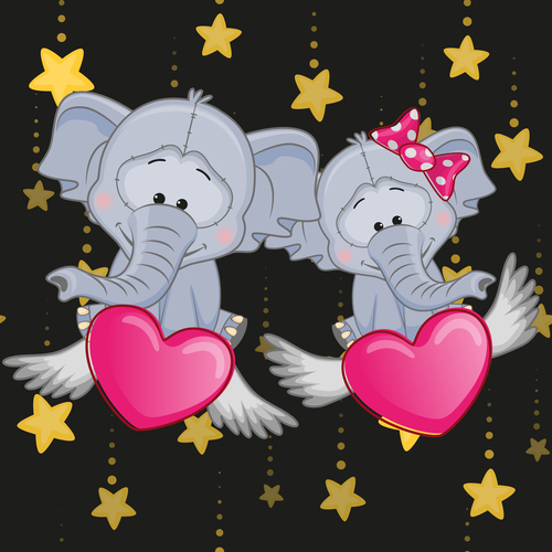 Cartoon two elephants and hearts vector