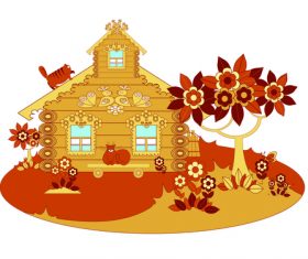 Cat flowers cartoon wooden house vector