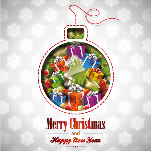 Christmas card with gifts inside colored balls vector