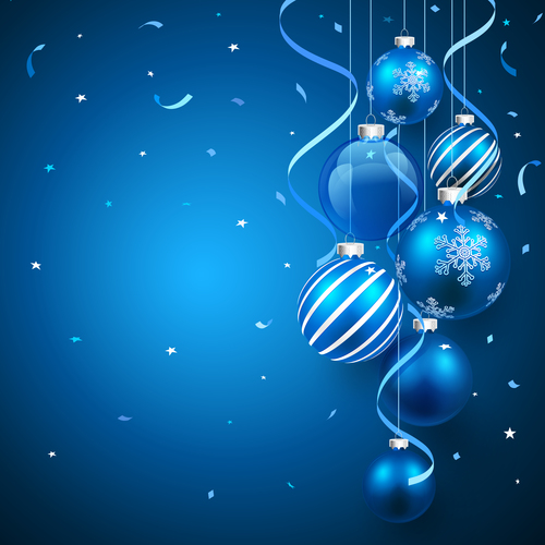 Christmas decoration blue balls and blue confetti background vector ...