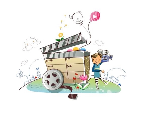 Concept illustration vector of little boy carrying video recorder
