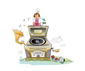 Concept illustration vector of little girl sitting on gramophone