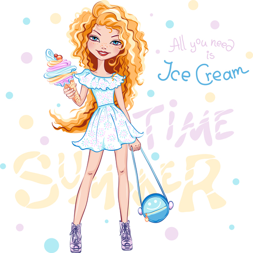 Eating ice cream girl cartoon vector