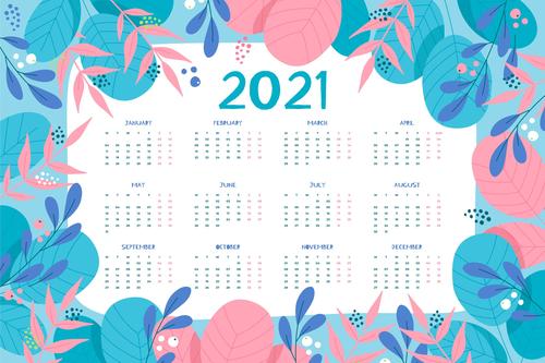 Flowers and plants hand drawn 2021 new year calendar vector