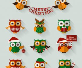 Green flat christmas owls set vector
