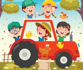 Happy children and tractor vector