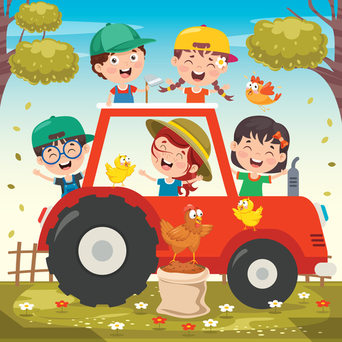 Happy children and tractor vector