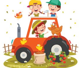 Happy children on tractor vector