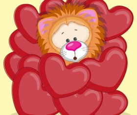 Hearts around the lion cartoon vector