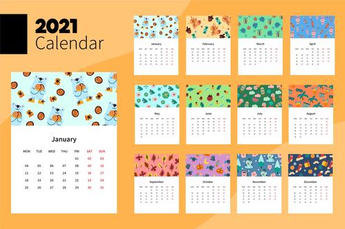 Illustrated 2021 calendar template vector