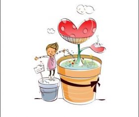 Kids watering flowers hand drawn vector
