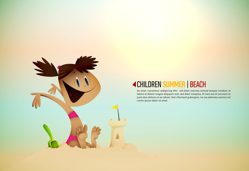 Little girl playing on the beach cartoon illustration vector