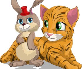 Little tiger and rabbit cartoon vector