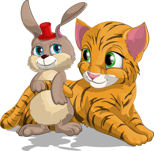 Little tiger and rabbit cartoon vector