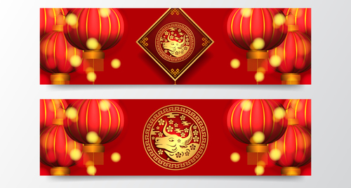 Red lantern background chinese new year greeting banner vector