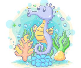 Seahorse cartoon watercolor illustration vector