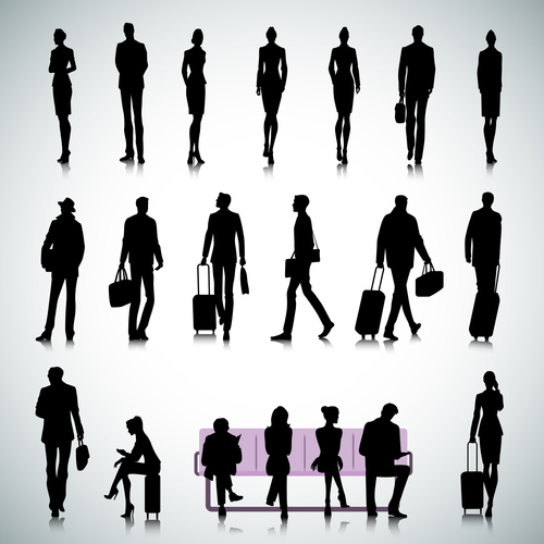 Set of people in an airport silhouette vector