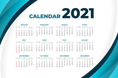 2021 modern calendar with curve shape vector