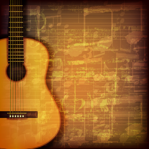 Abstract music symbols vintage background with acoustic guitar vector