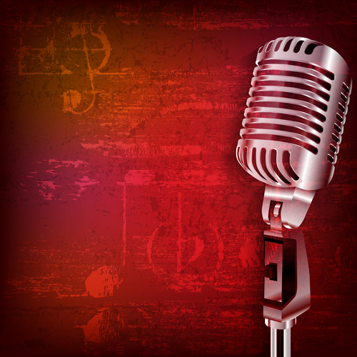 Abstract red grunge sound background with retro microphone vector