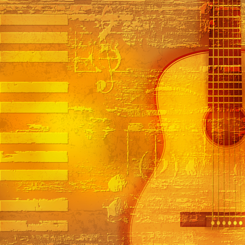 Abstract yellow grunge piano background with acoustic guitar vector
