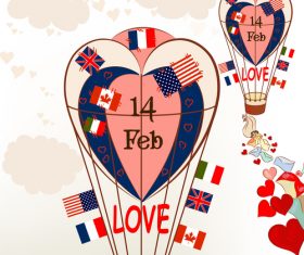 Air balloons with international flags and hearts Valentines greetings vector