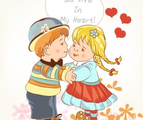 Beautiful Valentines Day card with girl and boy holding hands and kiss vector