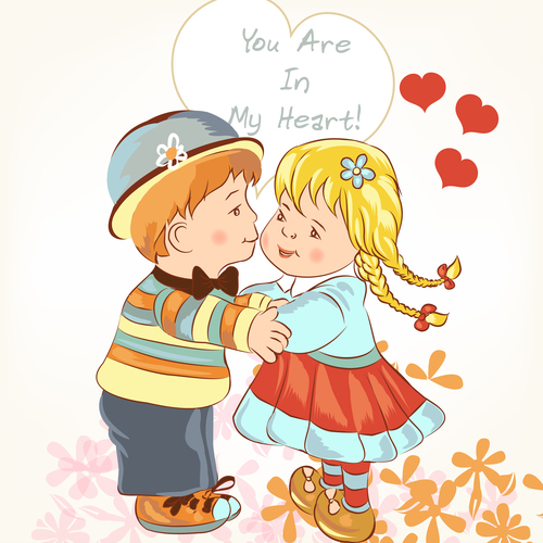 Beautiful Valentines Day card with girl and boy holding hands and kiss vector