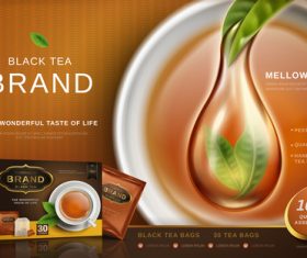 Black tea advertisement and packaging box vector