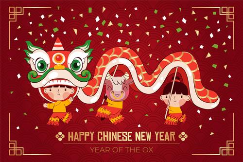 Children lion dance chinese new year greeting card vector