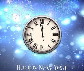 Clock and fireworks new year background vector