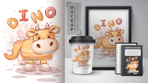 Dino illustration and merchandising mockup print t-shirt vector
