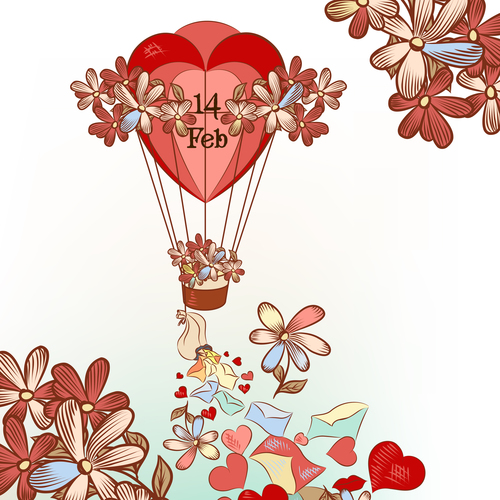 Hand drawn air balloon hearts and flowers vector