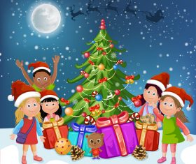 Kids vector around the christmas tree