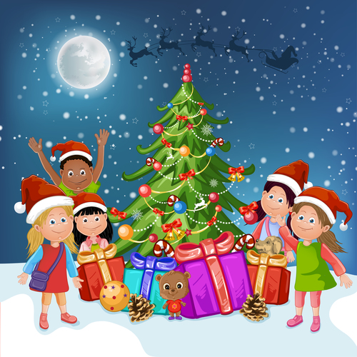 Kids vector around the christmas tree