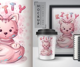 Kitty illustration and merchandising mockup print t-shirt vector