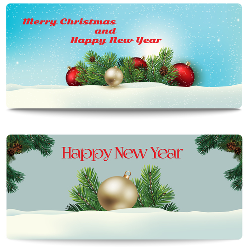 Pine branches and colored balls new years card banner vector